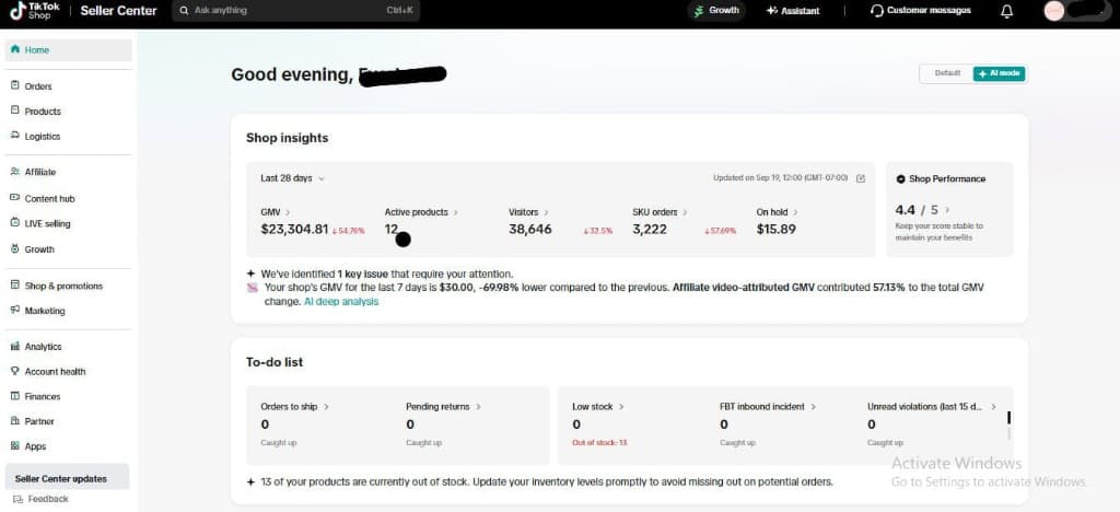 TikTok Shop Seller Center showing $23,304 GMV with 38,646 visitors